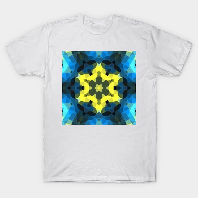 Retro Mandala Flower Yellow and Blue T-Shirt by WormholeOrbital